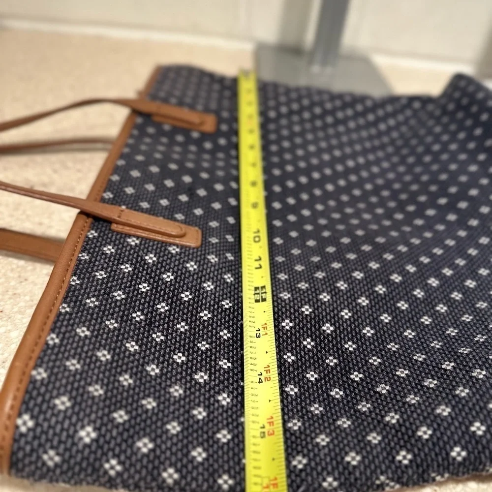 Talbots Woven Large Zip Tote Faux Leather Trimmed Nautical Blue White Dots EUC